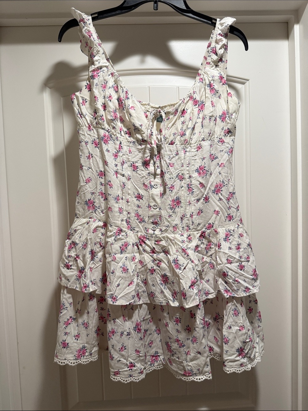 Womens' Cream Floral Ruffle Sundress - Cute Pink Flower Print